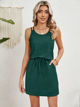 Front view of green eyelet scoop neck sleeveless dress – Voguelle
