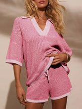 Front view of Collared Striped Sweater Top & Shorts Set in pink – Voguelle