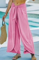 Front view pink knotted waist split leg pants – Voguelle