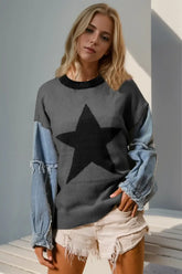 Front view of Star Pattern Raw Edge Long Sleeve Sweater in grey – Voguelle