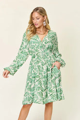 Green printed ruched balloon sleeve dress front view – Voguelle