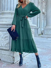 Green ruffled hem V-neck dress front – Voguelle