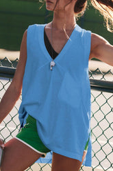 Front detail of sleeveless blue V-neck tank – Voguelle