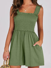 Front view of Smocked Square Neck Romper in green on model – Voguelle