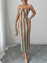 Full look of multicolor Gold strapless tube top and skirt set on model – Voguelle