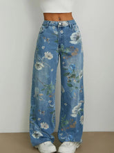 Front view of women’s floral printed high-waisted wide leg jeans in blue – Voguelle
