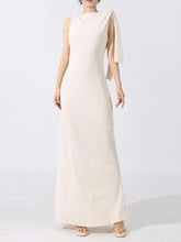 Front view beige tie shoulder sleeveless maxi dress – Voguelle