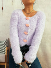 Angled front view of Fuzzy Heart Shape Button-Up Cardigan in lavender – Voguelle