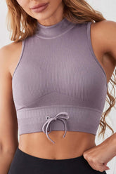 Mock Neck Ribbed Sports Tank in lavender with drawstring detail, perfect for workouts and casual wear.