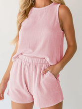Front view pink two-piece shorts and sleeveless top outfit – Voguelle
