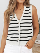 Front view of Striped V-Neck Knit Vest in black and white on model – Voguelle
