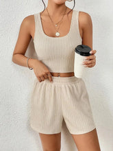 Front view of Apricot ribbed scoop neck crop top and shorts set – Voguelle
