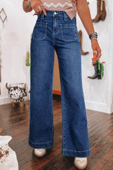 Front view of light wash wide leg high waist jeans on model – Voguelle