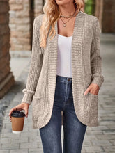 Front view of Ribbed Open Front Long Cardigan with Pockets in gray on model – Voguelle