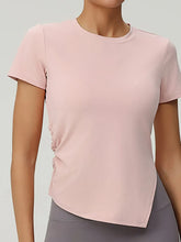 Front view of plus size round neck slit short sleeve T-shirt in pink – Voguelle