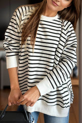 Lifestyle shot striped round neck sweatshirt on model – Voguelle