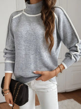 Front view of Grey Turtleneck Contrast Trim Ribbed Sweater on model – Voguelle