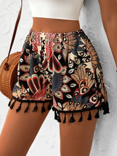 Front view of paisley print tassel shorts in multicolor on model – Voguelle