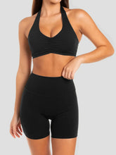 Front view of Halter Neck Cami and Shorts Active Set in black – Voguelle