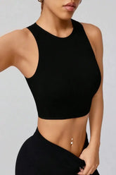 Front view of Round Neck Black Active Tank on model – Voguelle
