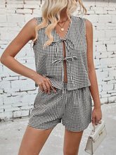 Front view black gingham tie-front 2-piece set – Voguelle