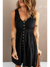Front view of Sleeveless Button-Front Mini Dress with Pockets in black on model – Voguelle