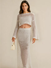 Front view look of long sleeve hollow out knit two-piece set in Apricot – Voguelle