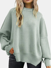 Front view of Round Neck Drop Shoulder Slit Sweater in mint green – Voguelle