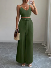 Full outfit view of Army Green sleeveless cami crop top and wide leg pants set – Voguelle