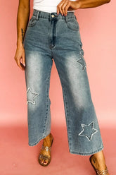 Front view of blue star embroidered high waist wide leg jeans – Voguelle