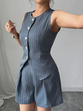 Front view of Tailored pinstripe vest and shorts outfit for women – Voguelle