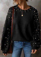 Front view of Pearl Detail Round Neck Long Sleeve Sweater in black – Voguelle