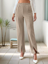 Front view beige high-waisted slit pants – Voguelle
