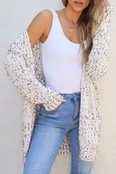 Styled look of Open Front Long Sleeve Cardigan layered over white top – Voguelle