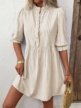 Front view of striped half sleeve dress in beige – Voguelle