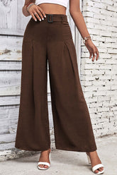 Front view of Women’s High Waisted Wide Leg Pants in brown on model – Voguelle