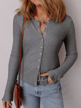 Front view of Ribbed Button-Up Cardigan in grey on model – Voguelle