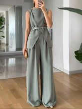 Front view of sleeveless top and pants set in sage green – Voguelle