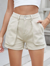Front view of women’s high waist Khaki denim shorts with utility pockets – Voguelle