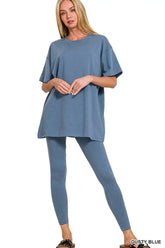 Front view dusty blue oversized top and leggings lounge set – Voguelleont