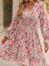 Front view of Floral Print Flounce Sleeve Ruffle Hem Dress in pink on model – Voguelle