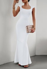 Front view of scoop neck and cap sleeve detail on white maxi dress – Voguelle