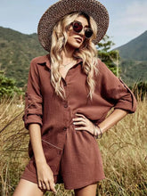 Front view of 2-Piece Button Down Set in brown on model – Voguelle