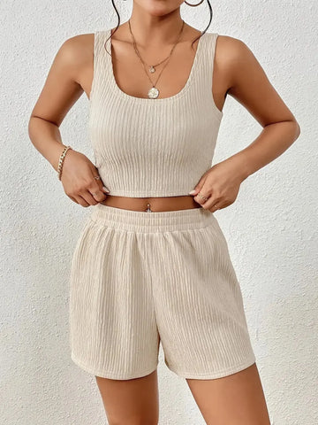 Front view of Scoop Neck Ribbed Top & Shorts Set in beige on model – Voguelle