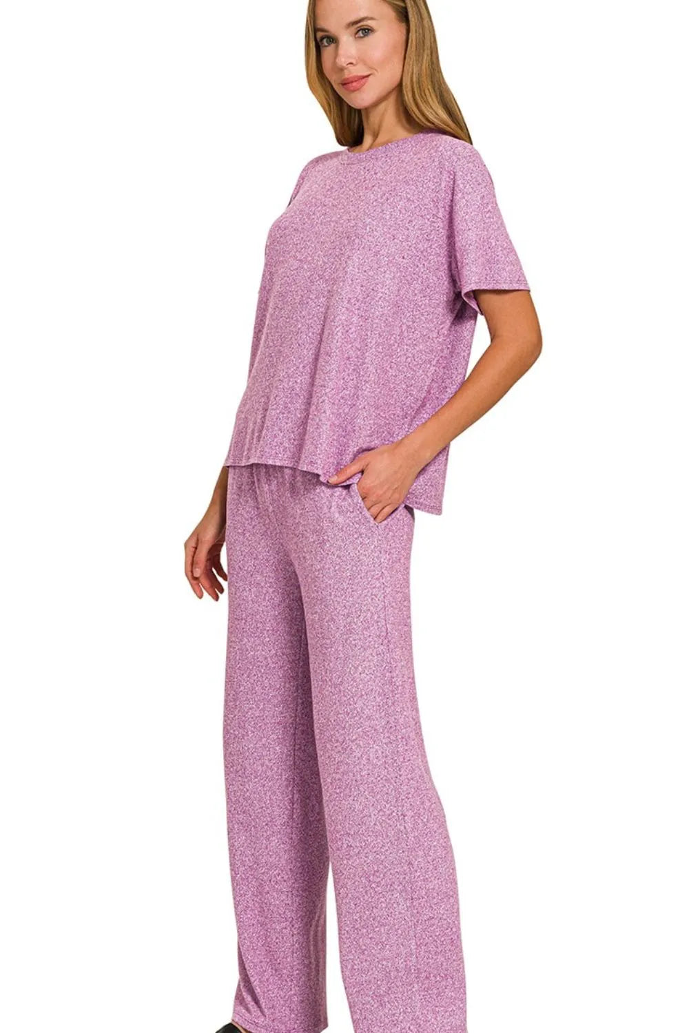 Soft melange fabric short sleeve top and wide-leg pants in lavender – Voguelle