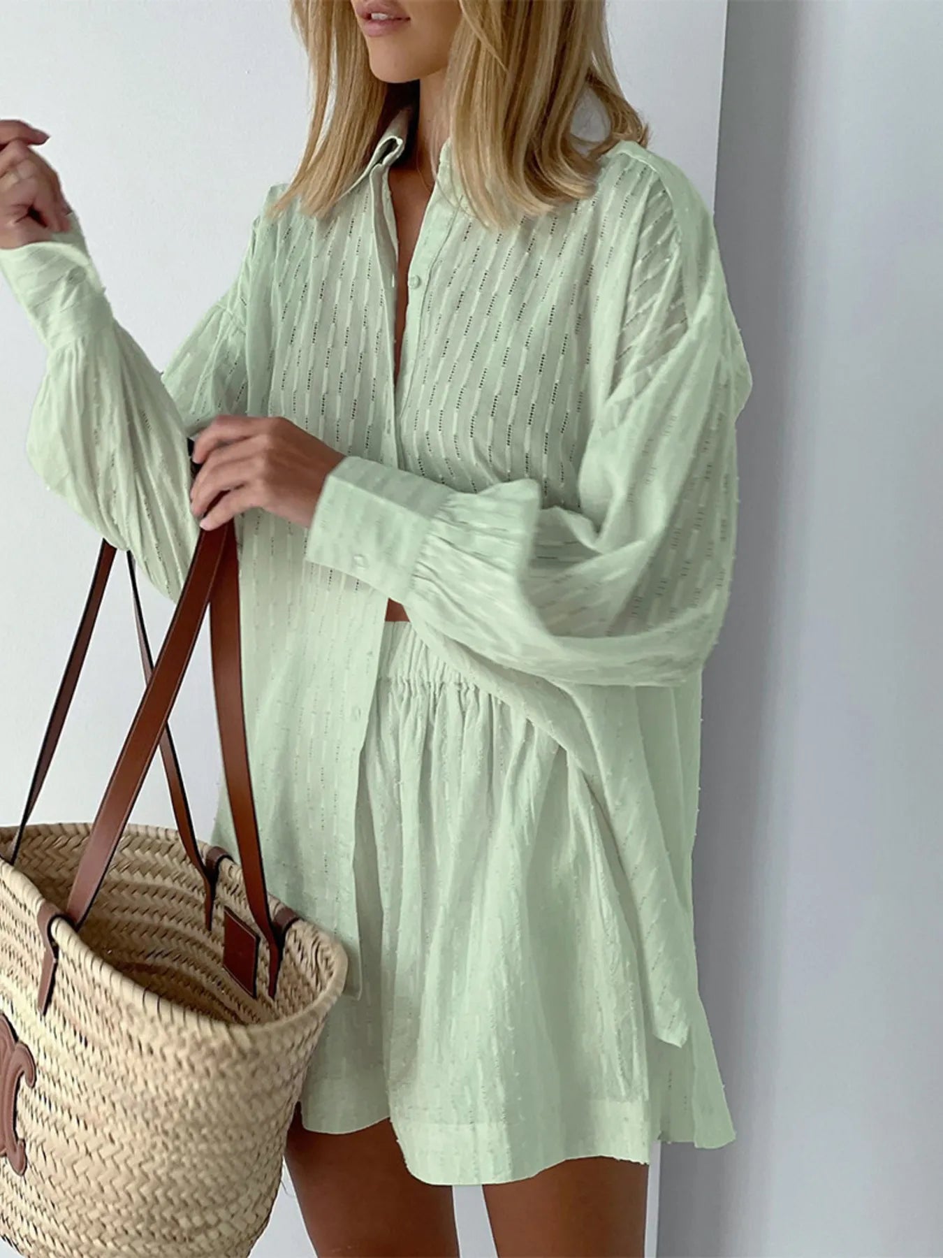 Close-up showing fabric texture of white cotton two-piece set – Voguelle