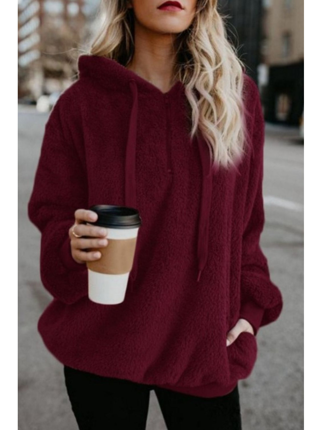 Model outdoors in cozy teddy fleece hoodie – Voguelle