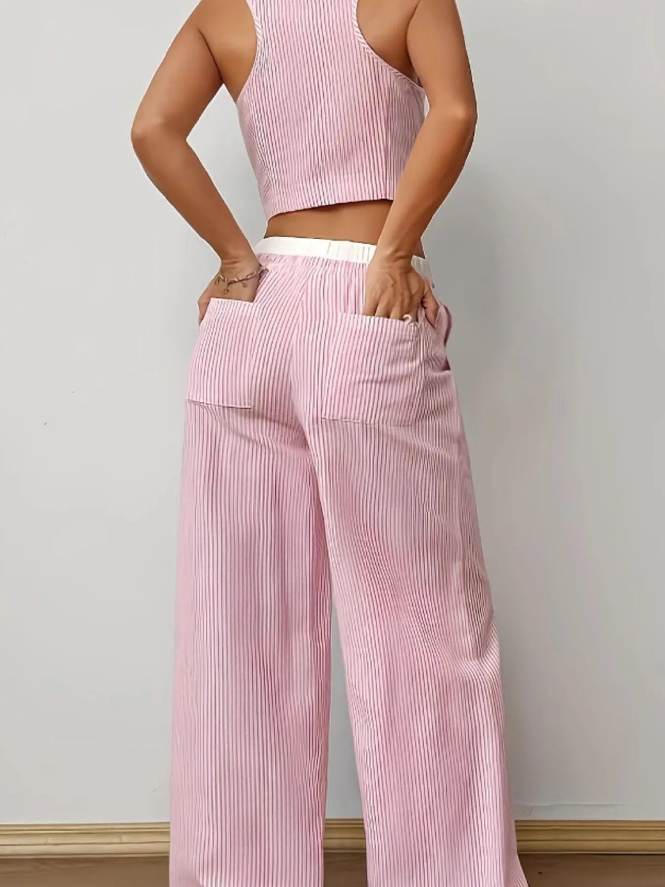 Trendy blue striped vest top and wide leg pants set – Voguelle