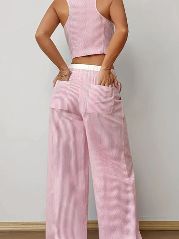 Trendy blue striped vest top and wide leg pants set – Voguelle