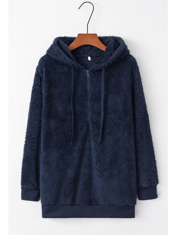 Model holding coffee cup in teddy fleece hoodie – Voguelle